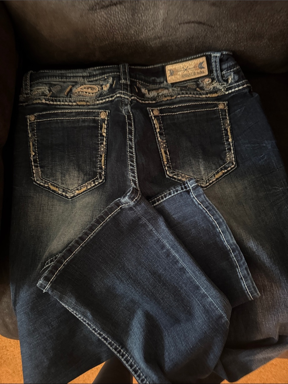 Grace in LA Dark Blue Boot Cut Jeans with Contrast Stitching
